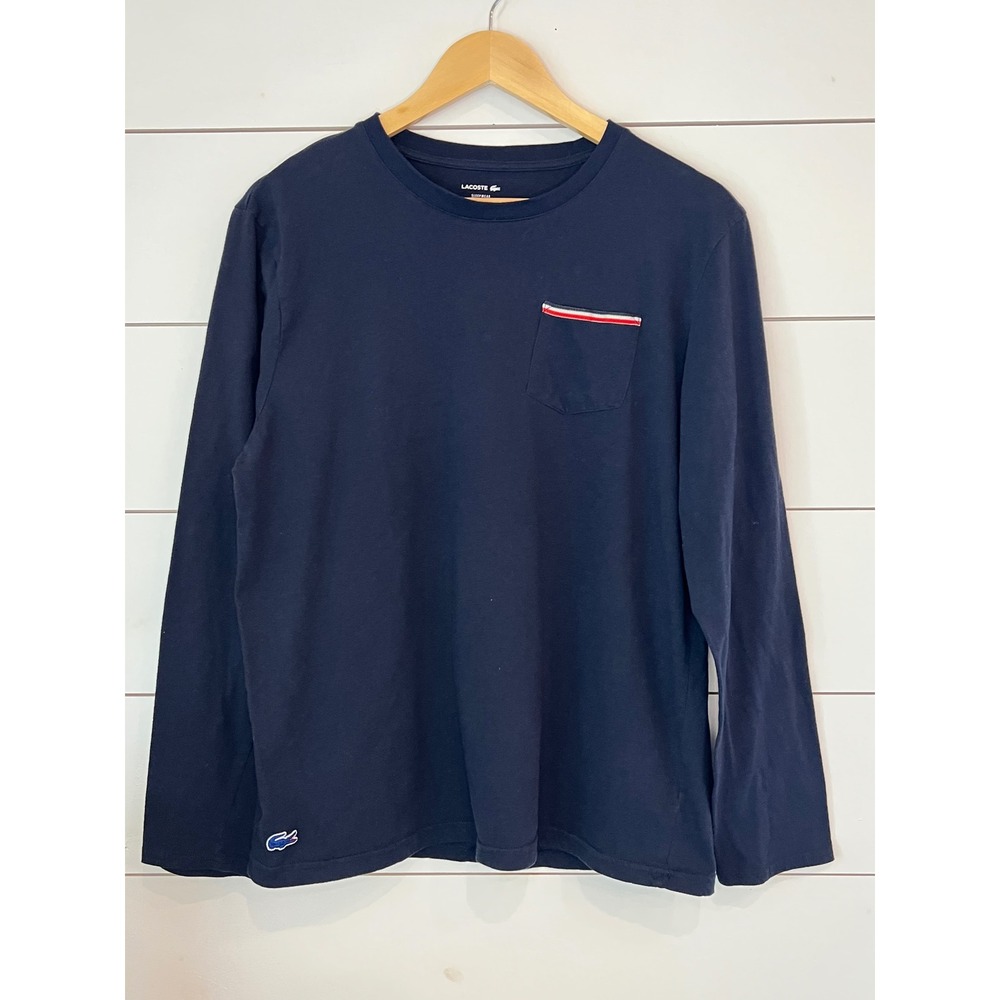 Lacoste Mens Sleepwear Long Sleeve Pocket T-Shirt Navy Blue Red Stripe Large